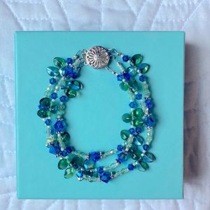 Crystal Bracelet with Silver and Hues of Blues and Greens 7” NWOT